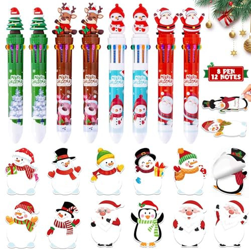 8x Kugelschreiber Weihnachten 10-in-1,12x Haftnotizen Klebezettel Weihnachts Kugelschreiber 0.5mm Mehrfarbiger Druckkugelschreiber Kleine Weihnachtsgeschenke Filler für Kollegen Studenten Kinder Jolly