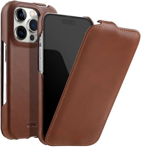 STILGUT UltraSlim passend für iPhone 16 Pro Hülle - iPhone 16 Pro Flip Case kompatibel mit MagSafe aus Leder, Klapphülle, Handyhülle, Lederhülle - Cognac