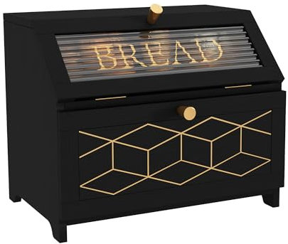 HOLTICO Wooden Bread Bin, Black Bread Bin Double Layer with Transparent Window, Breadbox Large Bread Bins for Kitchen Countertop Food Storage