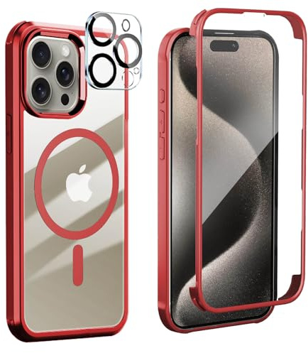 Kompatibel mit Magsafe iPhone 15 Pro Max Hülle 360 Grad Schutz Rot | Ganzkörper Schutzhülle mit Eingebauter Panzerglas Displayschutz Stoßfest Handyhülle für iPhone 15 Pro Max 6.7