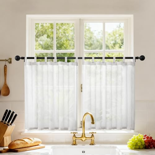 Joydeco Scheibengardinen Modern Bistrogardine 2er Set H 60 x B 90 cm Weiß | Transparent Küchengardinen mit Schlaufen,Leinenoptik Fenstergardinen kurz,für Wohnzimmer Wohnmobil Landhausstil