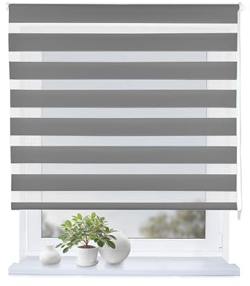 Rollmayer Doppelrollo mit Bohren Schraubmontage Graphit B140 x H220cm | Fensterrollo Duo Rollo Sonnenschutzrollo Zebrarollo Seitenzugrollo fur Fenster und Tur