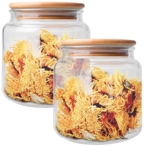 GOMETY Lot de 2 bocaux de conservation en verre avec couvercle en bambou - 500 ml - Ronds - En verre borosilicate - Hermétiques - Pour cuisine, céréales, grains de café, épices, riz