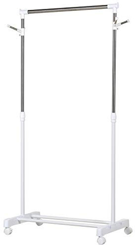 HOMCOM Portant à vêtements, porte-manteau sur roulettes avec hauteur réglable, penderie vêtement en acier support à chaussures et crochets latéraux, 68,5 x 42 x 87-145 cm, blanc
