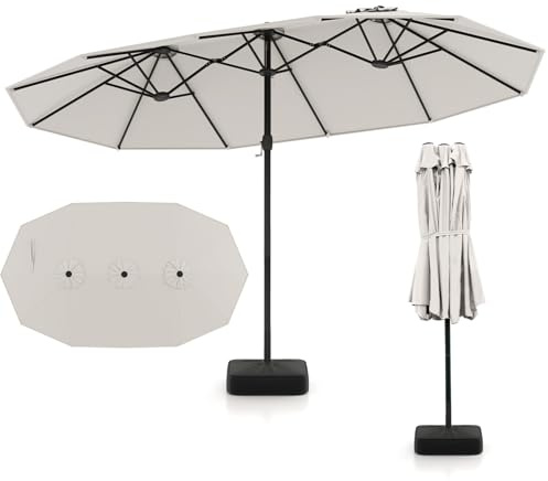COSTWAY Parasol de Jardin Extérieur XXL avec Pied, Double 4,5 m, 12 Baleines en Métal, 2 Sacs de Sable, Manivelle, Grand Parasol pour 6 Personnes, pour Terrasse, Jardin, Piscine (Beige)