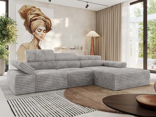 MKS MEBLE Ecksofa mit relaxfunktion elektrisch, Sofa L-Form - Rilasso - Hellgrau Cord Rechts