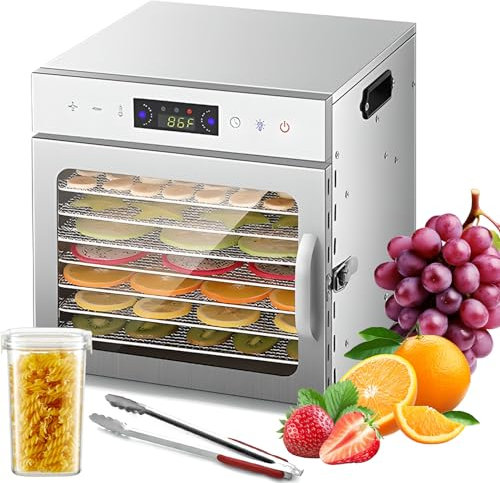 6/8Tray Stainless Steel Food Dehydrator, Fruit Dryer Machine with 35-90°c Adjustable, 24h Timer, with Food Clip Dried Fruit Jar, LED Touch Electric Jerky Dehydrators for Herb, Meat 8 layers