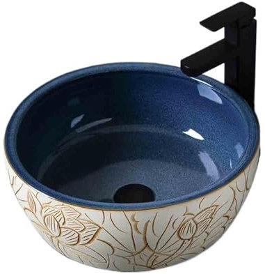 Lavandino da appoggio Lavandino rotondo in ceramica con motivo blu, for balcone, for uso domestico, for interni, con accessori inclusi per mobiletto lavabo per bagno