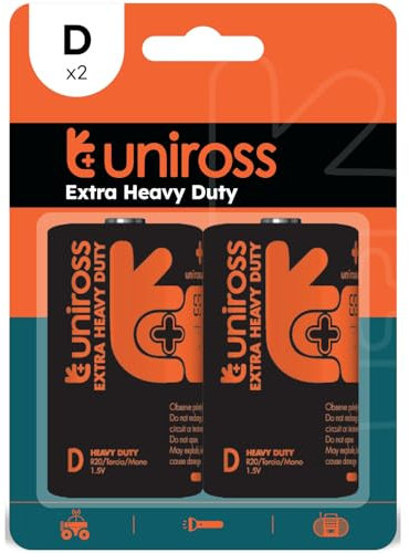 Uniross R20 Battery Size D Type Zinc 1.5V 2 Pack. Mercury and Cadmium Free. Extra Heavy Duty