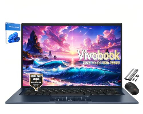 ASUS Vivobook - Computer portatile modello 2025 da 14, Intel 10-Core i5-1334U (Beats i7-1265U), webcam 720p, USB C, design sottile, cerniera piatta a 180°, Win11, mouse wireless e PSD da 128 GB (RAM