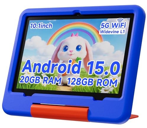 PEICHENG Tableta para niños con funda protectora de EVA, Android 15.0 para niños pequeños Tab PC de 10.1 pulgadas RAM 20 GB (4+16 expandidos) + ROM 128 GB IPS 800 x 1280 5.0 Bluetooth (azul)