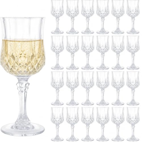 24 Pcs Plastic Wine Glasses Bulk, 210 ml Reusable Clear Ribbed Wine Cups | Unbreakable Small Stemmed Wine Glasses for Party, Picnic, Birthday, Wedding, Christmas