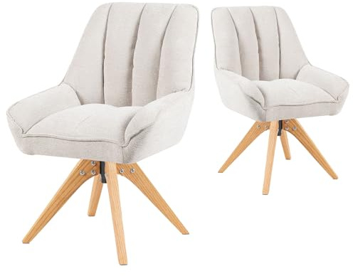 DUBI Möbel Esszimmerstühle 2er Set 360° drehbar mit Taschenfederkern, hoher Sitzkomfort, bis 150 kg belastbar, abriebfester Stoff Creme, Eiche Massivholzgestell geölt (Natur), Mika-Lio