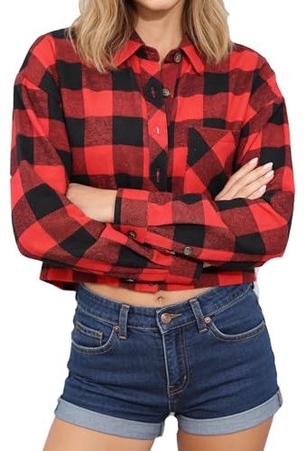 Dressmine Cowgirl Outfit Red Checked Shirt Women Long Sleeve Button Down Plaid Cardigan Shirts Winter Christmas Outfits Size 18