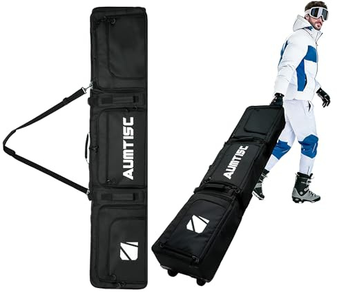 AUMTISC Snowboardtasche mit Rollen & Aufbewahrungstaschen, Gepolsterte Skitaschen verstellbare Länge (165-175 cm) und Verschließbarer Reißverschluss für Flugreisen