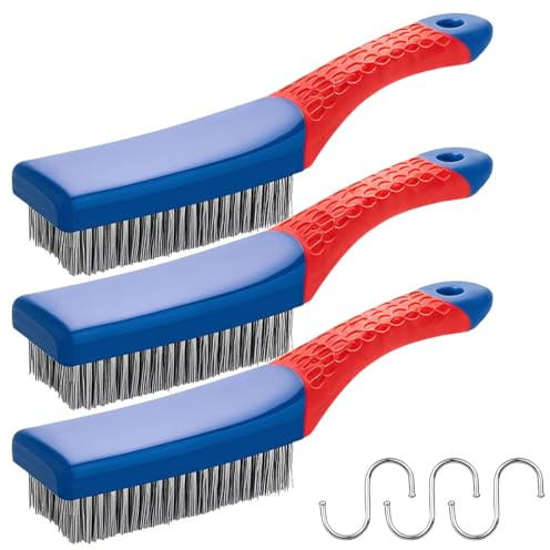 3pcs Stainless Steel Wire Brushes Set - Heavy Duty Reinforced Metal Hard Cleaner Bristle Cleaning Wire, Scratch Scrubbing Brushes with Handle for BBQ Grill Kitchen Industrial Rust Paint Removal