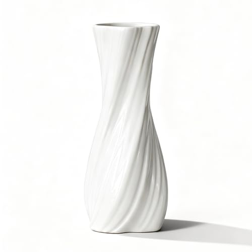 Blumenvase Keramik Weiß, Moderne Vasen Deko, Kleine Tischvase Weiß 17 cm für Blumensträuße, Getrocknete und Frische Blumen, Wohnzimmer Esstisch Bauernhaus Büro Tischdeko (Stil A)