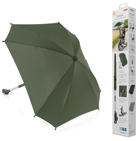 reer ShineSafe Kinderwagen-Sonnenschirm | UV-Schutz (UPF 80+) | universal passend für Kombi- & Sportwagen | Sonnenschutz mit Drehgelenk | Einfache Anbringung | Waldgrün