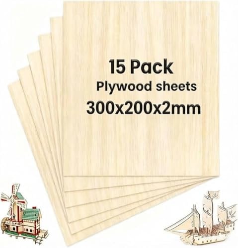 DAHI 15 Pezzi Pannello Compensato 2mm - Legno Compensato 30 x 20 cm - Fogli di Legno Sottili per Modellare, Taglio Laser e Pirografia (A4)