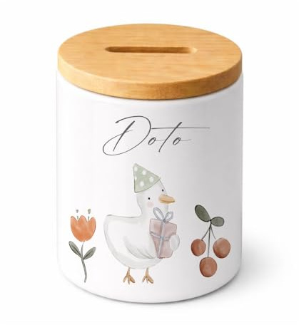Manufaktur Liebevoll | Personalisierte Spardose für Kinder mit Namen Keramik Spardose mit Bambusdeckel Kinder Spardose personalisiert Geschenk zur Geburt, Taufe & Geburtstag Motiv Gans