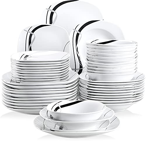 VEWEET FIONA Juego de Vajillas Elegantes 48 Piezas de Porcelana para 12 Personas con Cuencos de Cereales, Platos Llanos, Platos de Postre y Platos Hondos, Motivo de Líneas Negras y Plateadas