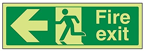 V Safety Glow in the Dark Fire Exit Sign with Left Arrow – 300 x 100mm ISO 7010 Compliant – Photoluminescent Self Adhesive Vinyl Safety Sign for Emergency Evacuation – for Offices, Schools, Care Homes