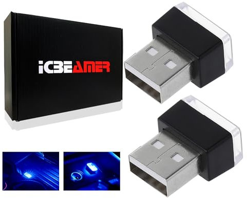 ICBEAMER Lot de 2 veilleuses LED USB Type-A, couleur : bleu | Accessoires automobiles universels à brancher pour éclairage d'ambiance d'intérieur de voiture et coffre