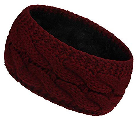 Women Ear Warmer Headband Fleece Lined Winter Warm Knitted Thick Hairband Thermal Headbands Elastic Hair Wrap (Wine Red)
