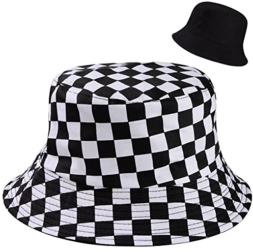 MengH-SHOP Fischerhüte Doppelseitig Reversibel Schwarz-weiß Karierter Druck Fischerhut Faltbarer Unisex Fishermütze für Wandern Camping Reisen Angeln (56-58cm)