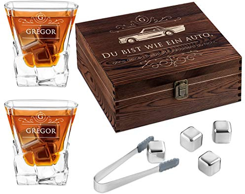 Maverton Whisky Steine Set - in Holzbox mit Gravur - 8 Eiswürfel & 2 Whisky Gläser - wiederverwendbar - Geschenke für Männer - personalisierte Geschenke Fahrer - Auto