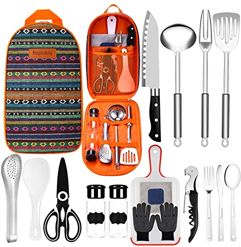 Juego de utensilios de cocina para camping, 16 piezas de utensilios de cocina portátiles de acero inoxidable para camping, RV, viajes, barbacoa, fiesta, etc.
