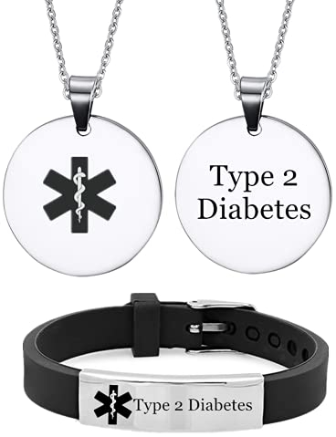 Personalised Medizinischer Alarm Typ 1 2 Diabetes Armband Halskette für Kinder Frauen Männer ID Armreif Anhänger Diabetiker Identifikation Schmuck für Mädchen Jungen Teens Erwachsene,2 Pack