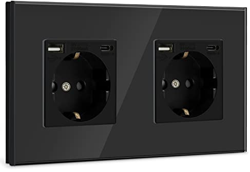 BSEED Doble Enchufe de pared USB(Max. 2.1A) con Tipo C Port,Negro Schuko Enchufe,toma de corriente con 2 x cargadores USB y Tipo C adecuado para Smartphone MP3 Tablet,para Cocina, Dormitorio