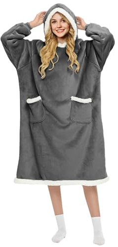 FEELJAM Coperta con maniche donna Coperta con cappuccio da uomo Coperta accogliente con maniche Per coperta TV per adulti (Grigio scuro, 150 di lunghezza)