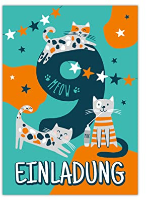 12 Einladungskarten zum 9. Kindergeburtstag neunte Geburtstag Mädchen Jungen Katzen