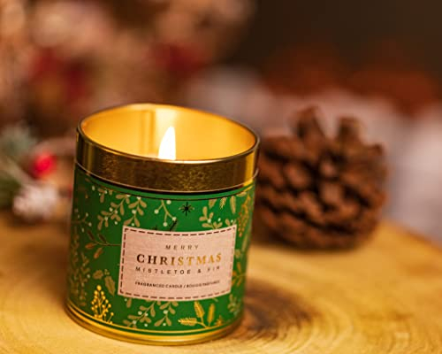 Marco Paul Christmas Mistletoe & Fir Candle Tin Scented Candles Festive Fragrance Home Decor Gift Xmas Decoration Light Display Centrepiece Scent Candles Long Burning
