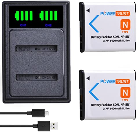 PowerTrust Lot de 2 batteries NP-BN1 et chargeur pour Sony DSC-W800 DSC-W830 DSC-QX100 DSC-TX30 DSC-QX10 DSC-TF1 DSC-TX20 DSC-TX66 DSC-TX200 DSC-WX150