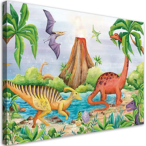 Feeby Bild Auf Leinwand 60x40 cm Dinosaurier Dino für Kinder 1 tlg Babyzimmer Kinderzimmer Modern Bilder Wandbilder Leinwandbild Kunstdruck Wanddeko Wand Bild Design Wohnzimmer wie gemalt bunt