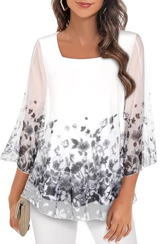 Syphiby Camicette da donna a tunica con maniche a 3/4 con volant e scollo quadrato, in chiffon, a doppio strato, taglie M-3XL