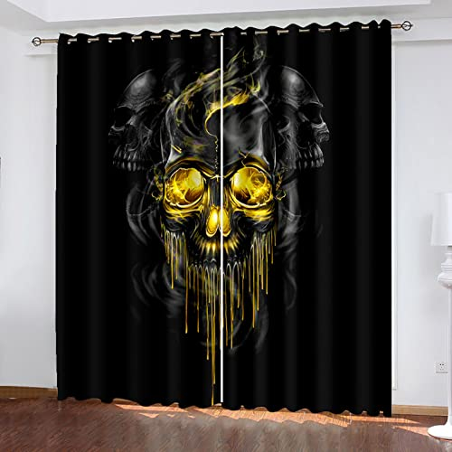 HOUKAI Vorhänge Kurz Fenster Wohnzimmer 3D Kunst Totenkopf Vorhang Verdunkelung Blickdicht Gardinen 140x160 cm Vorhänge Schlafzimmer Mit Muster Modern 2Er Set, Vorhänge Für Kinder Mit Ösen