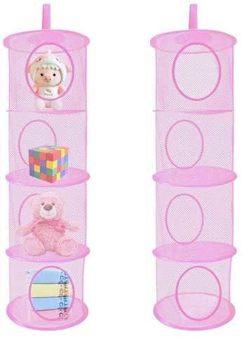 Hanging Mesh Storage Basket, 2 PCS Foldable 4 Tier Compartment Hanging Teddy Storage Net Save Space Organizer Small Toy Storage Box for Soft Toys Clothes Sundries (Pink)