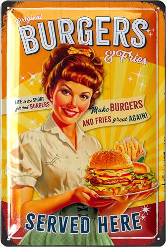 LANOLU Retro Blechschild Küche BURGERS, Nostalgie Blechschilder Grillen, BBQ Grill Schild, Retro Deko Vintage, Grillplatz, Garten, Bar, Küchen Restaurant Deko USA, 20x30cm