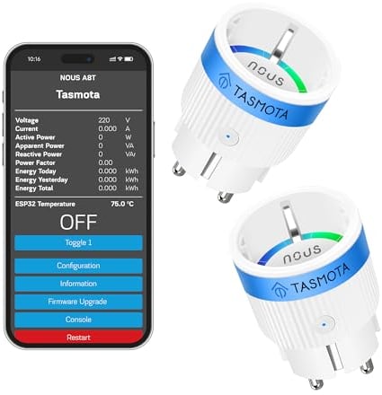 Tasmota Steckdose NOUS A8T, Kleinste Wlan ESP32 smart plug, 10A mini wifi steckdosen mit stromverbrauch stromzähler, zeitschaltuhr, Kompatibel mit Matter, Alexa, Google Home Assistant, MQTT, 2.4G