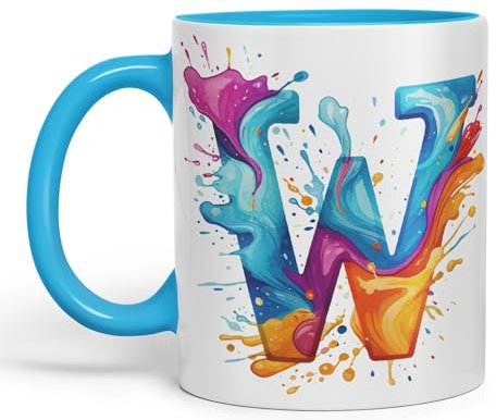 Vixar Letter W Mug, Alphabet Letter W Monogram Watercolour Ceramic Coloured Mug Cup for Tea Coffee Hot Brew 330ml 11Oz Gift (L Blue)