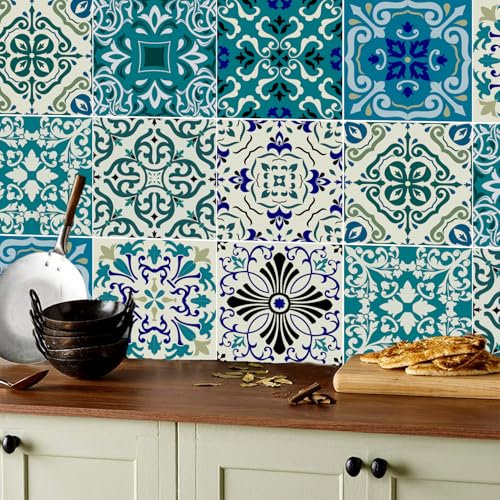 ANHUIB 18 Stück Bunt Fliesenaufkleber 15x15,Fliesen Küche Wandaufkleber,Marokkanischer Fliesenfolie für Badezimmer,Wandfliese Fliesensticker Bad Mosaik,Wasserdicht Selbstklebende Treppenaufkleber Deko