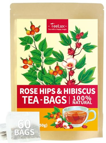 TeeLux Hibiskus Hagebutte Tee Beutel 60 Stück, Vegan, Mischung aus Hibiskusblüten und Hagebutten, Säuerlich-Süßer Geschmack, Koffeinfrei Kräutertee