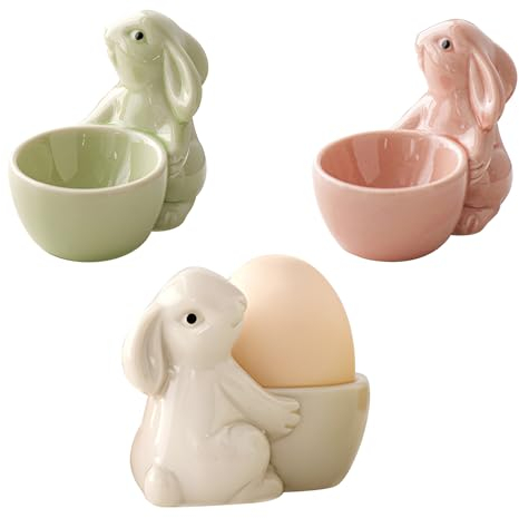 3 Pcs Ceramic Egg Cups Set, Ceramic Rabbit Egg Cup for Soft Boiled Egg, Colorful Ceramic Egg Holders for Kitchen Breakfast Brunch