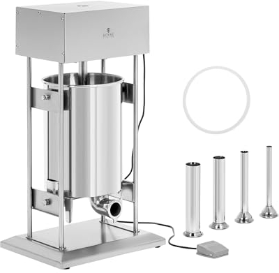 Royal Catering Elektrischer Wurstfüller mit 300 W und 20 l Kapazität über Fußpedal steuerbar Wurstfüllmaschine mit 4 Füllrohren Wurstmaschine aus Edelstahl