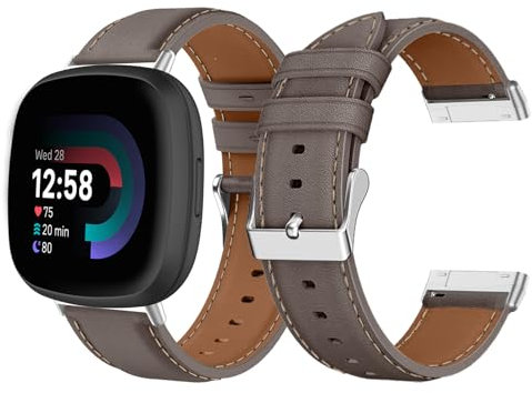 LanQii Lederarmband mit Fitbit Versa 4/3/Sense 2 Kompatibilität, Damen und Herren Leder Uhrenarmband Ersatz für Fitbit, Grau