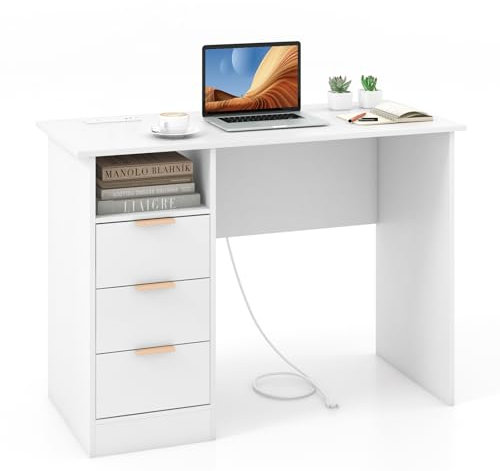 LIFEZEAL Bureau d'Ordinateur avec Prise Intégrée, 3 Tiroirs, 1 Compartiment, Table PC en Bois avec Rangement, Poste de Travail Informatique, 108x48x76cm, Moderne Blanc